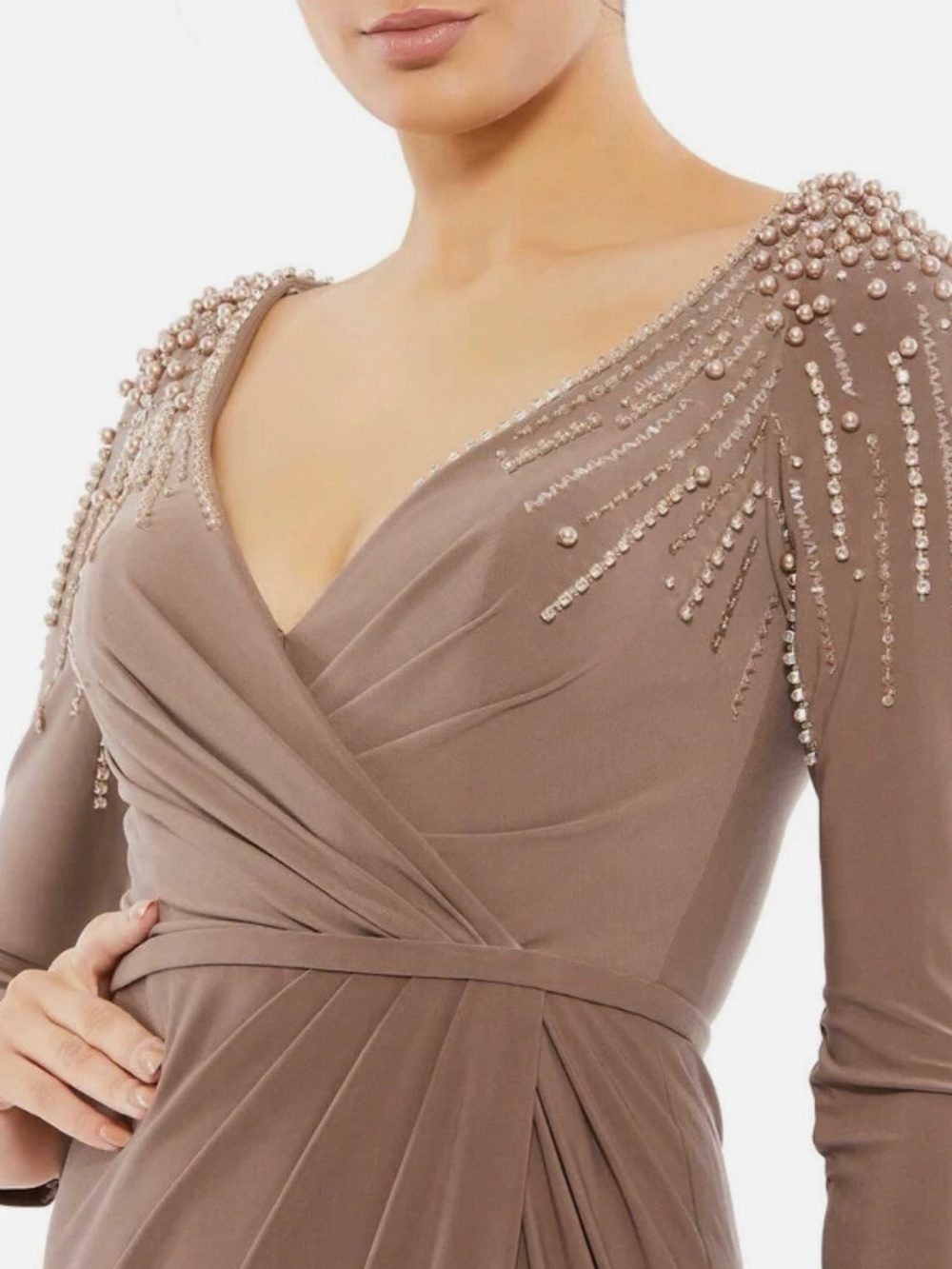 Mac Duggal Taupe Mocha Beaded Long Sleeve Maxi Gown 
Sizes available 8, 14 ,16 - Picture 4 of 8